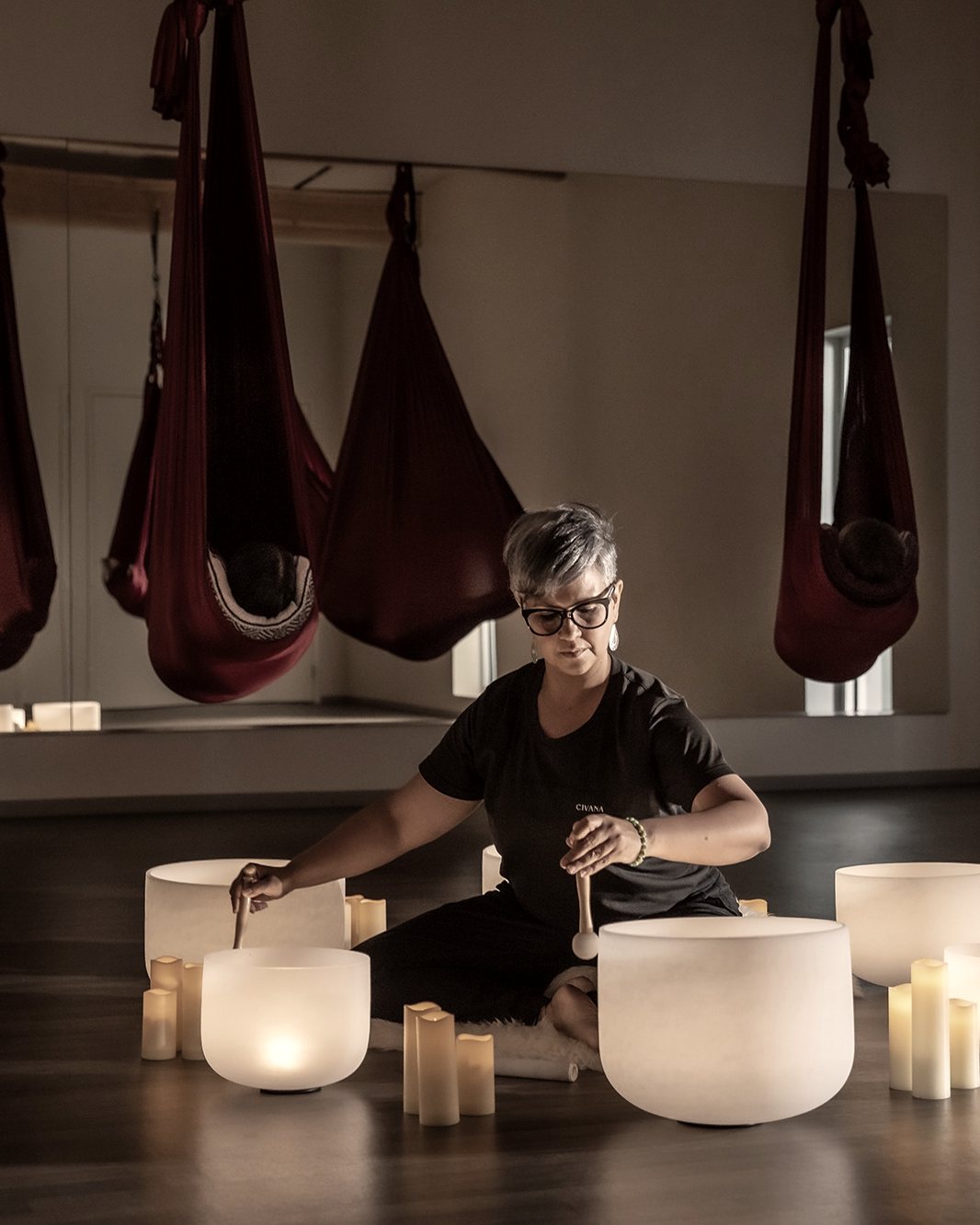 A sound bath at CIVANA, singing bowls in the low desert light
